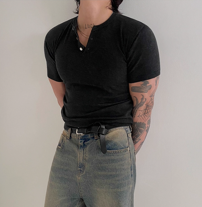 OH Henley Collar Slim Fit T-Shirt-korean-fashion-T-Shirt-OH Atelier-OH Garments