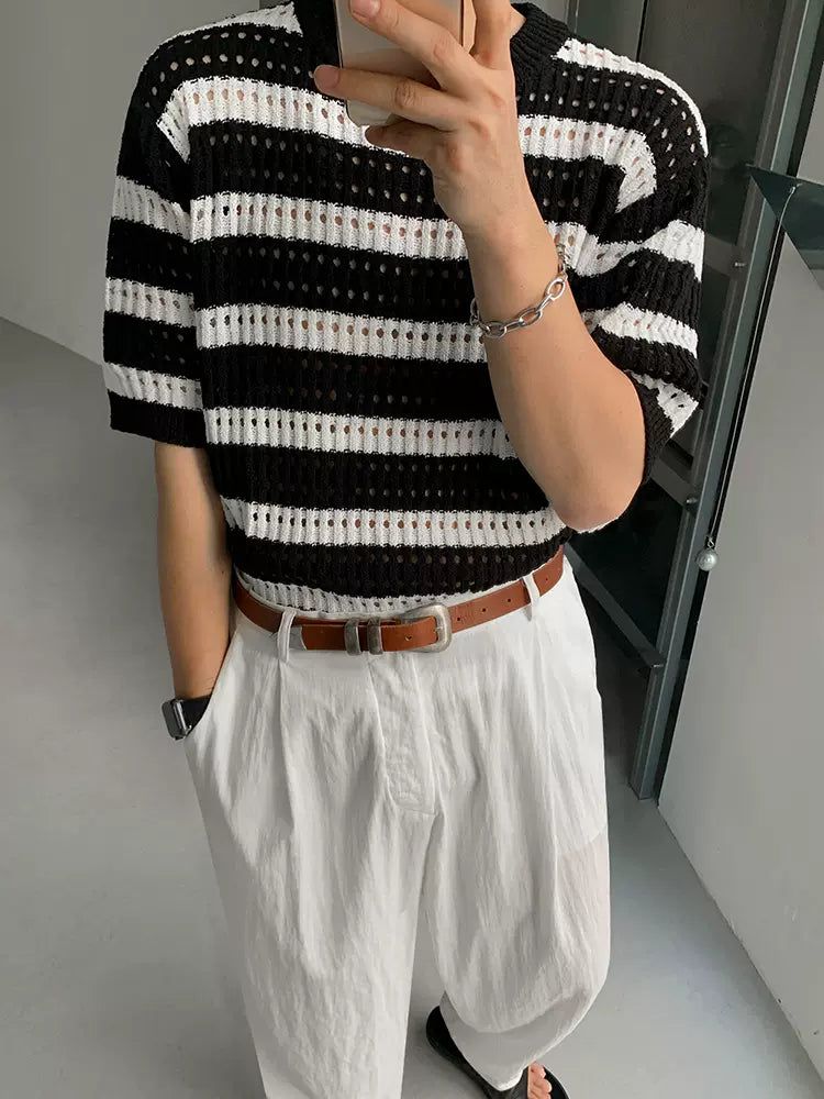 OH Hollowed Stripes Knit T-Shirt-korean-fashion-T-Shirt-OH Atelier-OH Garments