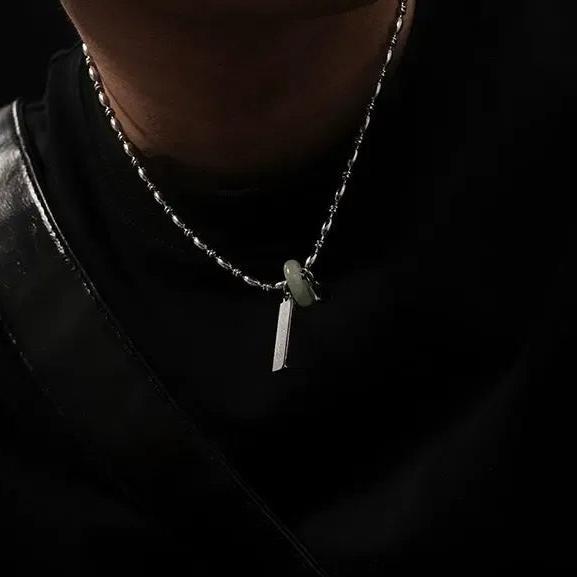 OH Jade, Metal Bar, Square Rock Pendant Necklace-korean-fashion-Necklace-OH Atelier-OH Garments