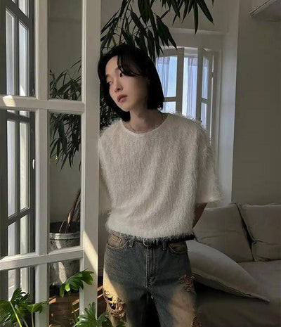 OH Plain Fuzzy Mid-Length Sleeve T-Shirt-korean-fashion-T-Shirt-OH Atelier-OH Garments