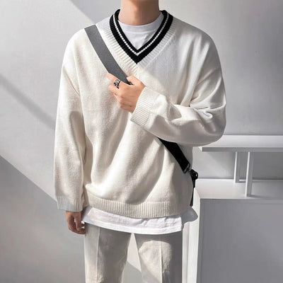 OH Relaxed Fit Contrast V-Neck Sweater-korean-fashion-Sweater-OH Atelier-OH Garments