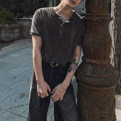 OH Textured Henley Collar T-Shirt-korean-fashion-Shirt-OH Atelier-OH Garments