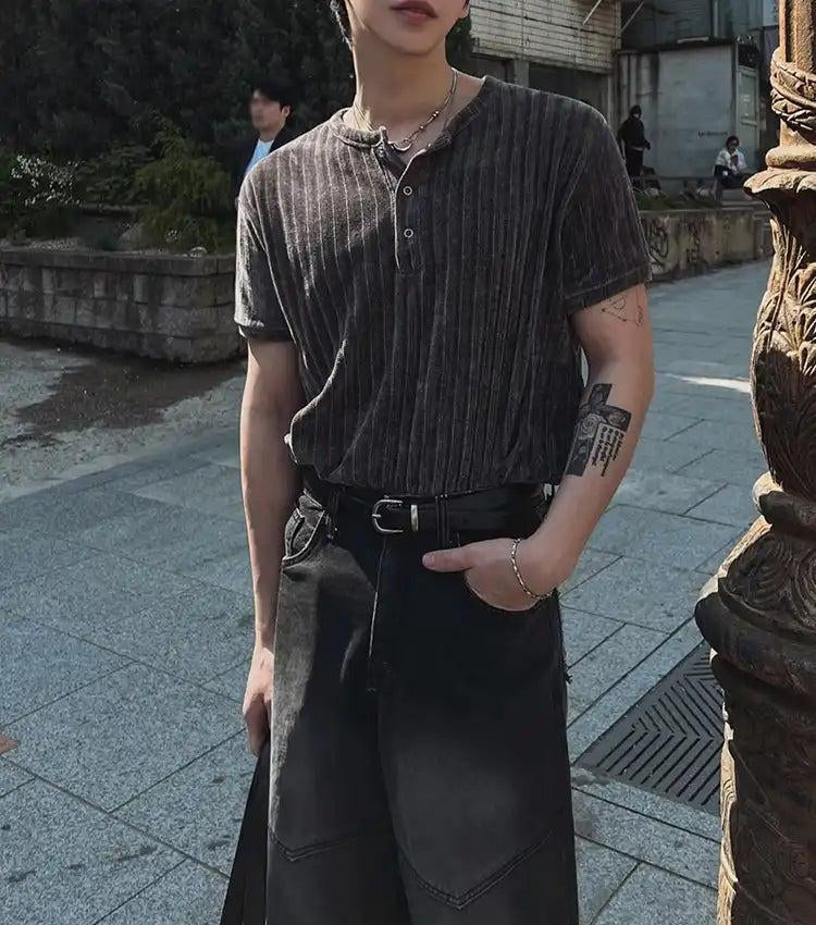 OH Textured Henley Collar T-Shirt-korean-fashion-Shirt-OH Atelier-OH Garments