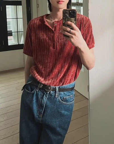 OH Textured Henley Collar T-Shirt-korean-fashion-Shirt-OH Atelier-OH Garments