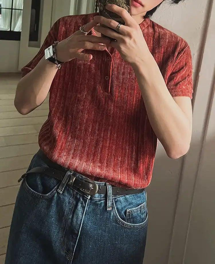 OH Textured Henley Collar T-Shirt-korean-fashion-Shirt-OH Atelier-OH Garments