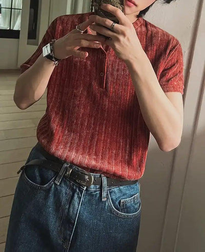 OH Textured Henley Collar T-Shirt-korean-fashion-Shirt-OH Atelier-OH Garments