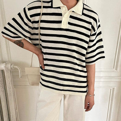 OH Three Buttons Striped Knit Polo-korean-fashion-Polo-OH Atelier-OH Garments