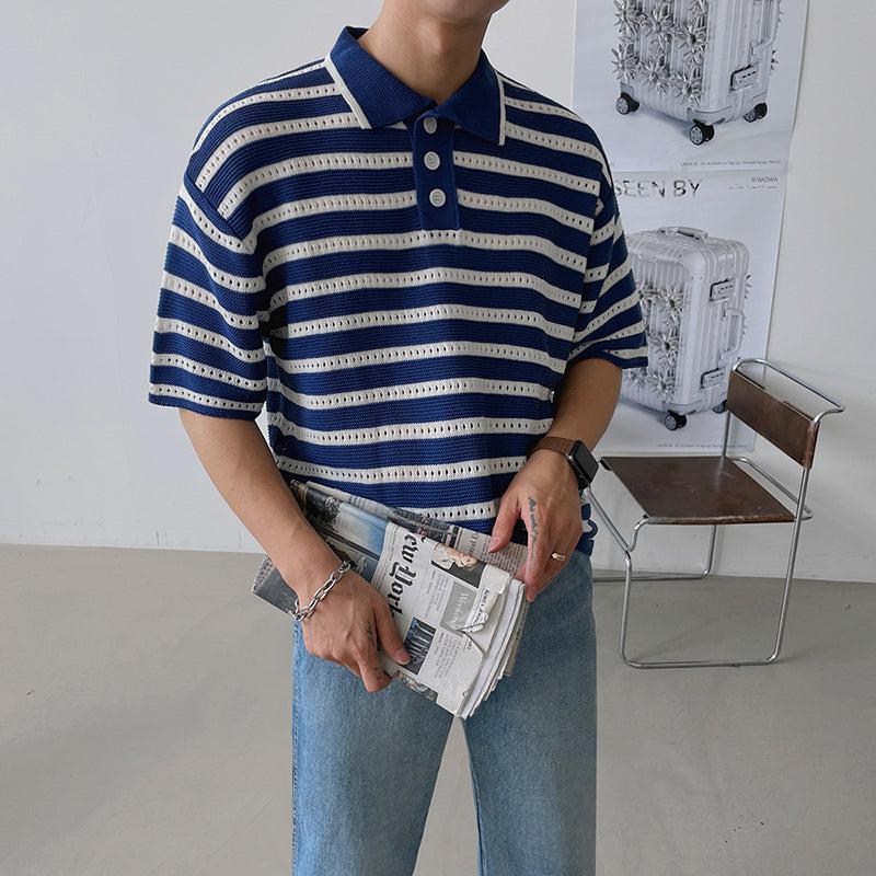OH Three Buttons Striped Knit Polo-korean-fashion-Polo-OH Atelier-OH Garments