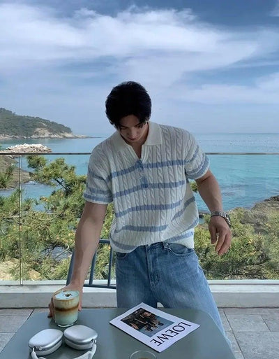 OH Twisted Striped V-Neck Knit Polo-korean-fashion-Polo-OH Atelier-OH Garments