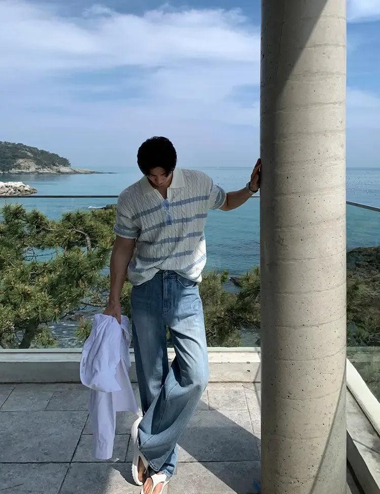 OH Twisted Striped V-Neck Knit Polo-korean-fashion-Polo-OH Atelier-OH Garments