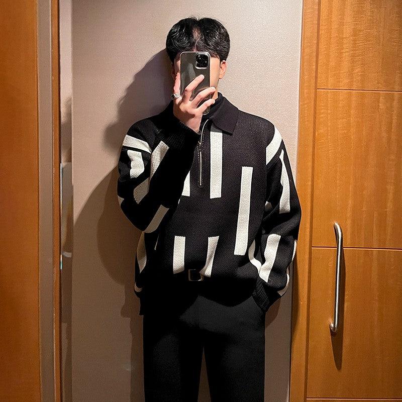 OH Vertical Pattern Knitted Long Sleve Polo-korean-fashion-Polo-OH Atelier-OH Garments