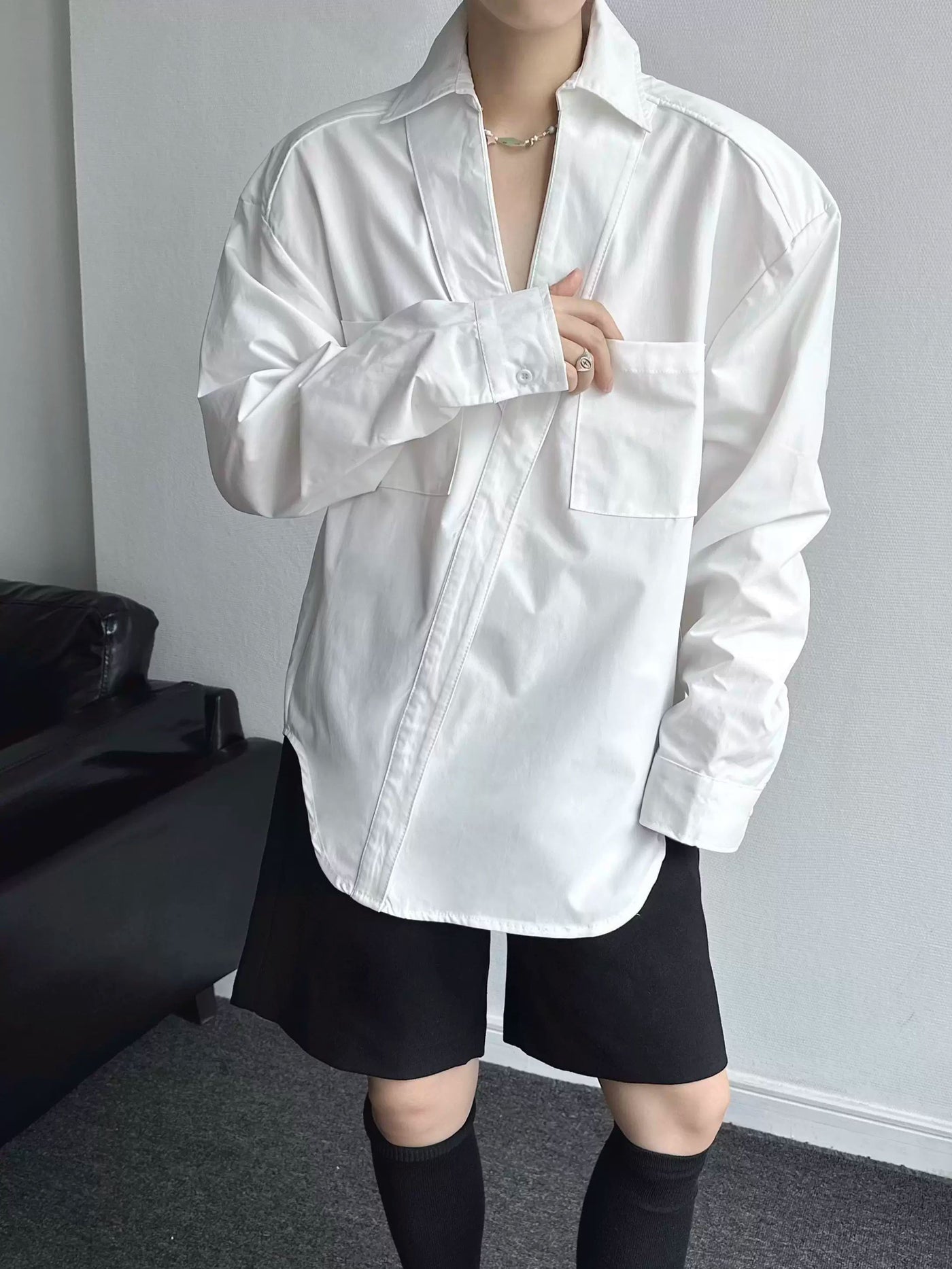 Qi Asymmetric V-Neck Shirt-korean-fashion-Shirt-Qi's Closet-OH Garments