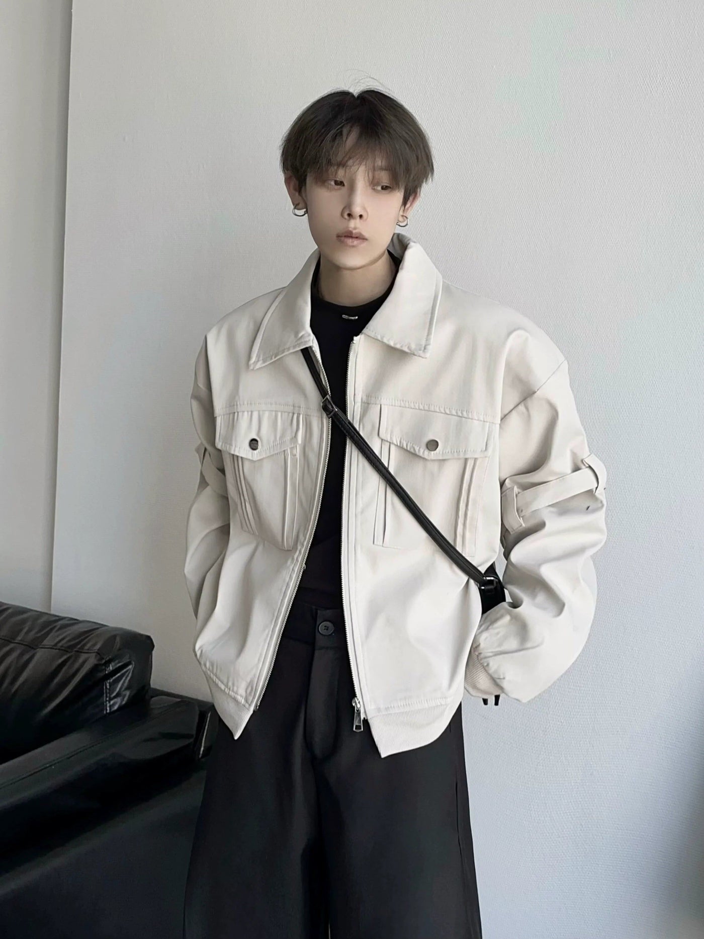 Qi Collared Ruched Hem Jacket-korean-fashion-Jacket-Qi's Closet-OH Garments