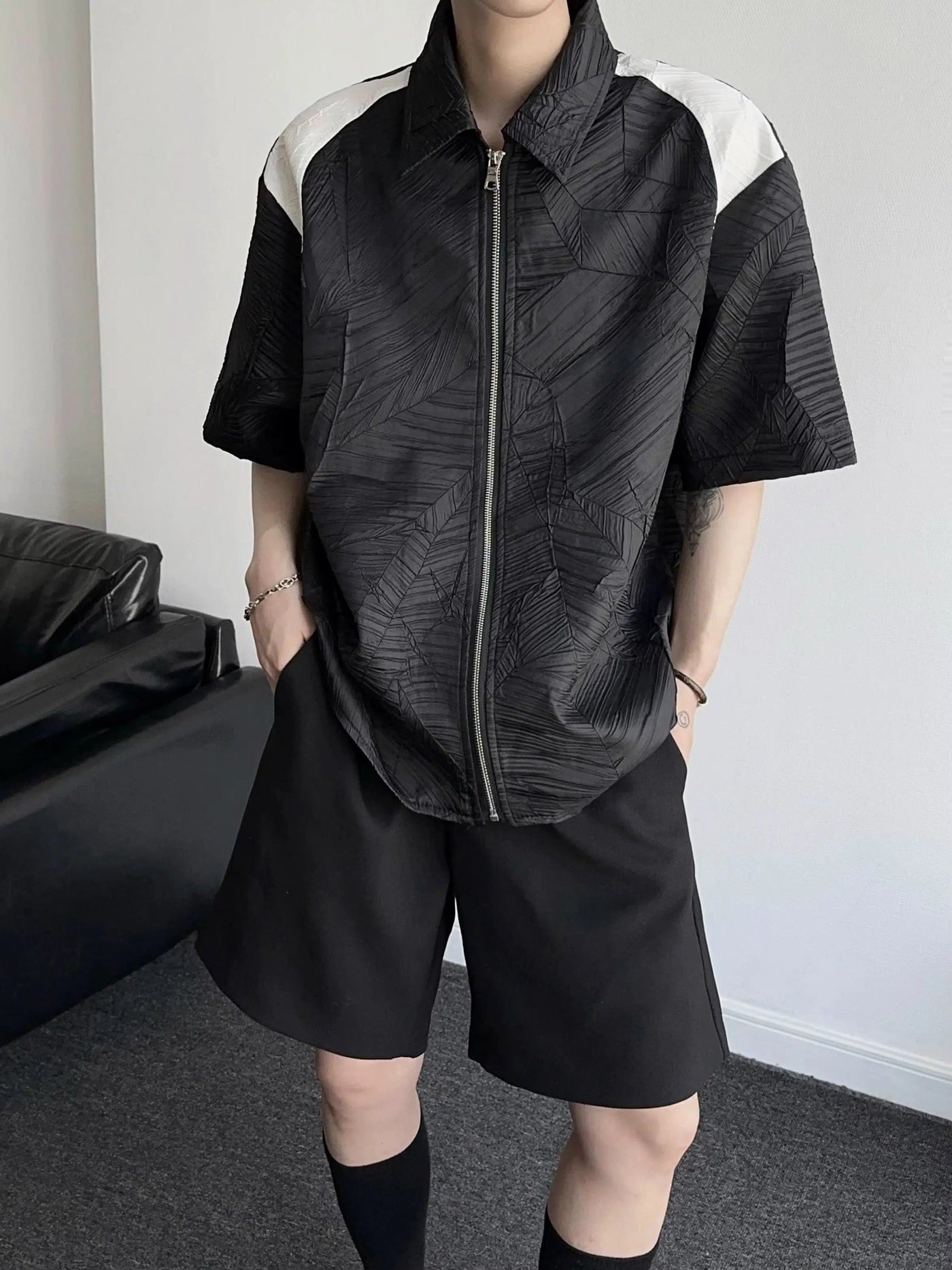 Qi Contrast Pleats Zippered Shirt-korean-fashion-Shirt-Qi's Closet-OH Garments