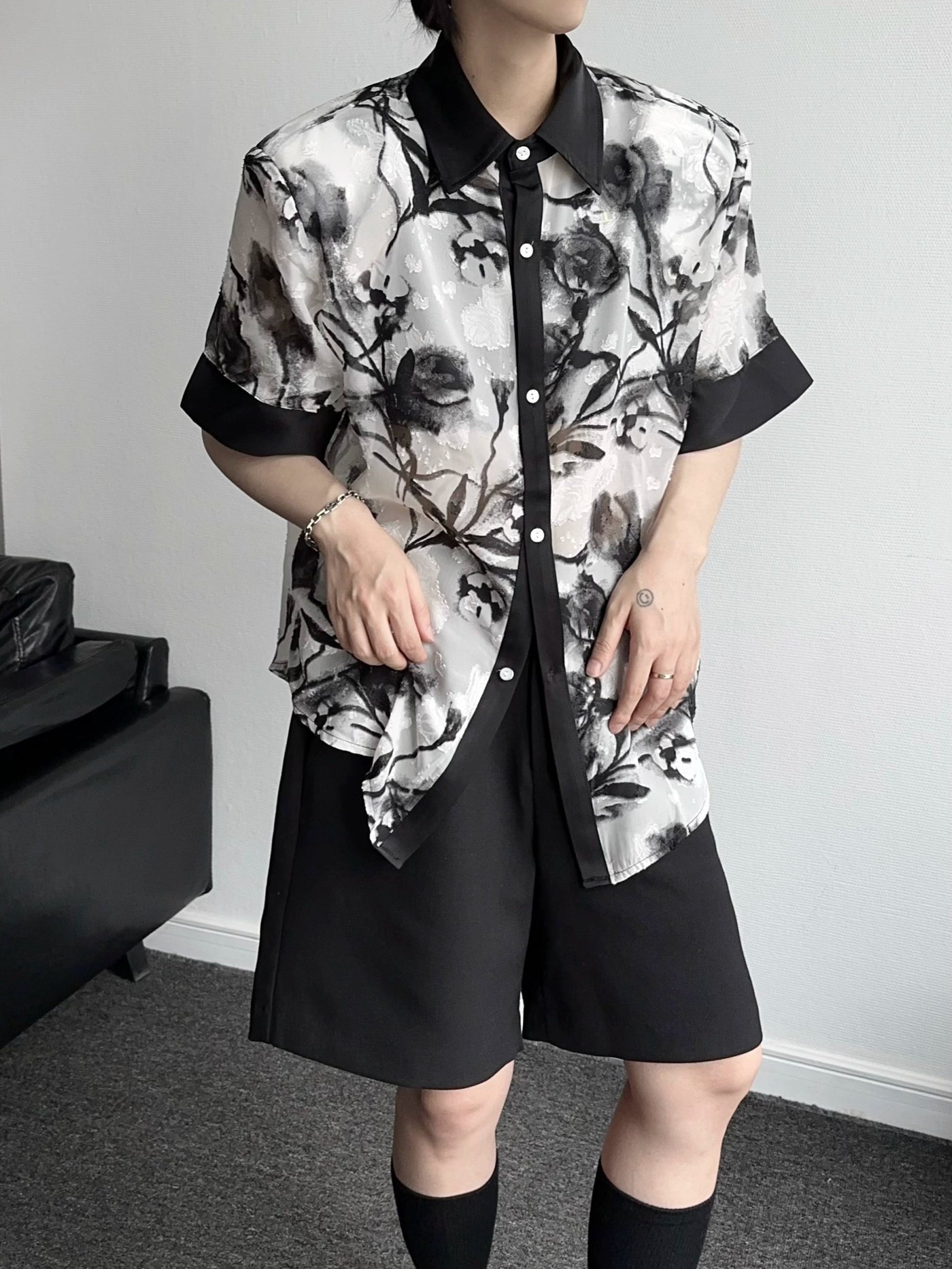 Qi Ink Flowers Buttoned Shirt-korean-fashion-Shirt-Qi's Closet-OH Garments