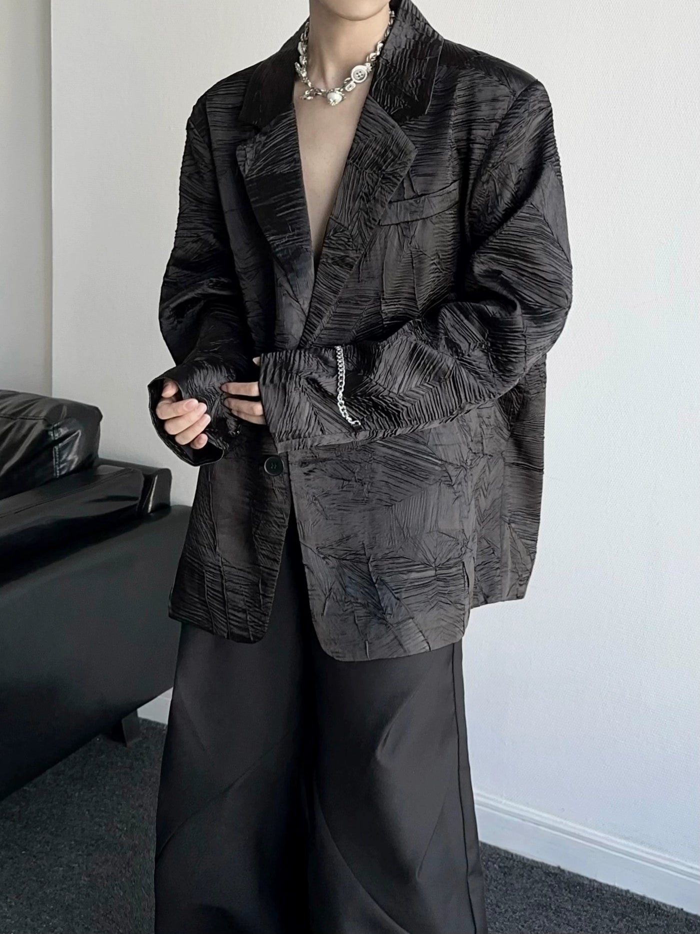 Qi Line Textured Lapel Blazer-korean-fashion-Blazer-Qi's Closet-OH Garments