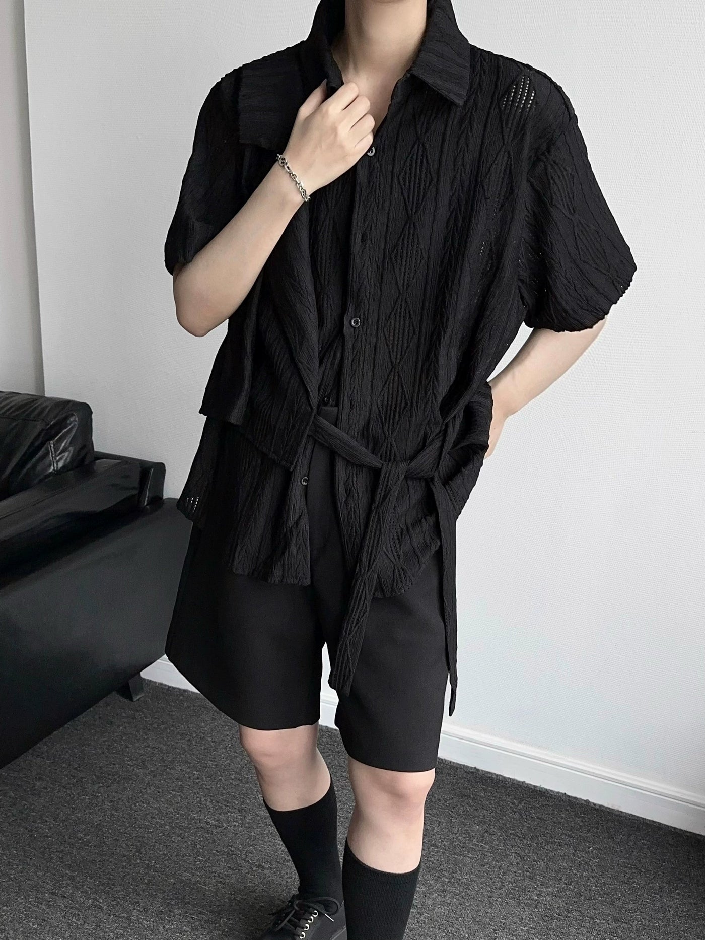Qi Patterned & Textured Shirt-korean-fashion-Shirt-Qi's Closet-OH Garments