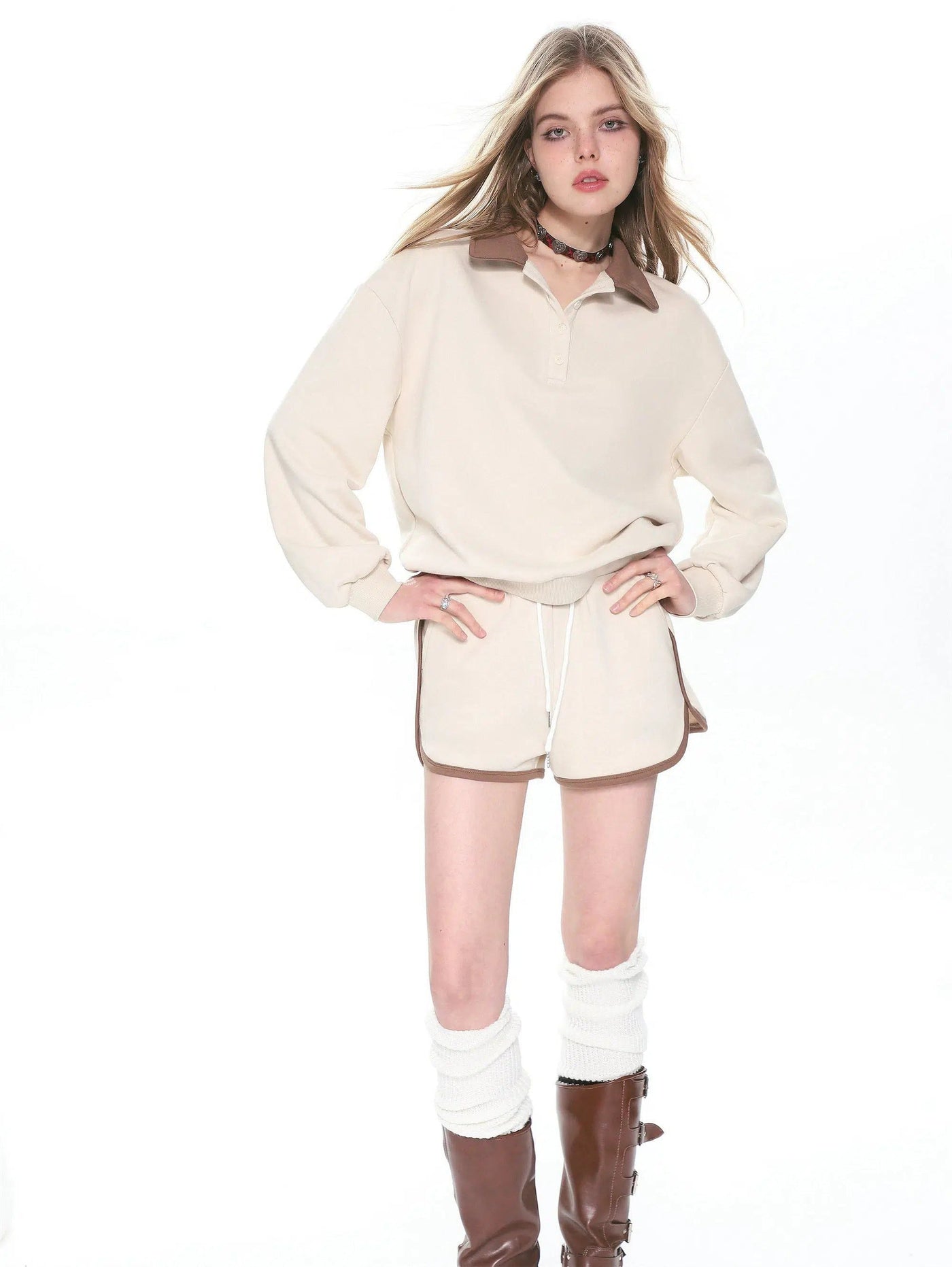 Shi Casual Long Sleeve Polo & Comfty Shorts Set-korean-fashion-Clothing Set-Shi's Closet-OH Garments