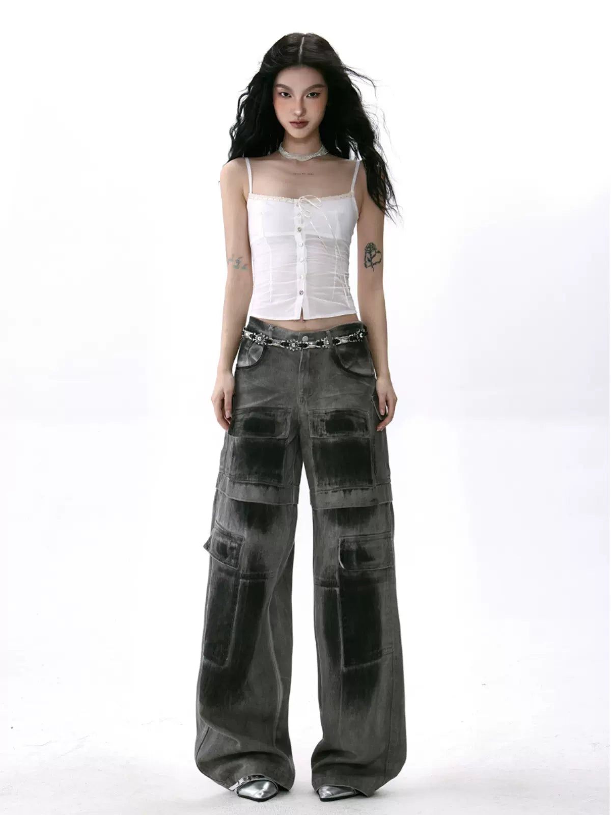 Shi Charcoal Effect Wide Cargo Jeans-korean-fashion-Jeans-Shi's Closet-OH Garments