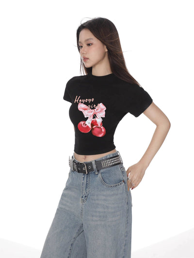 Shi Cherry and Ribbons Graphic T-Shirt-korean-fashion-T-Shirt-Shi's Closet-OH Garments