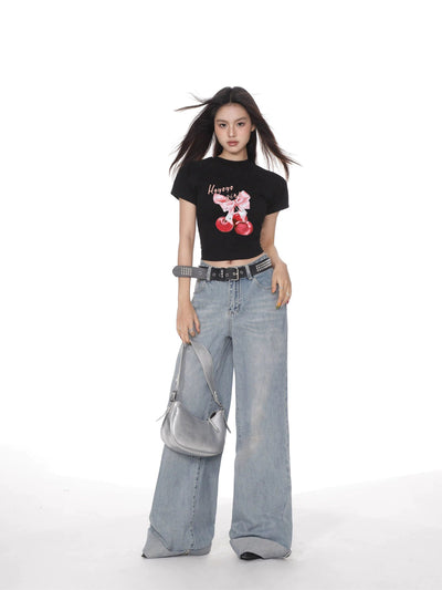 Shi Cherry and Ribbons Graphic T-Shirt-korean-fashion-T-Shirt-Shi's Closet-OH Garments