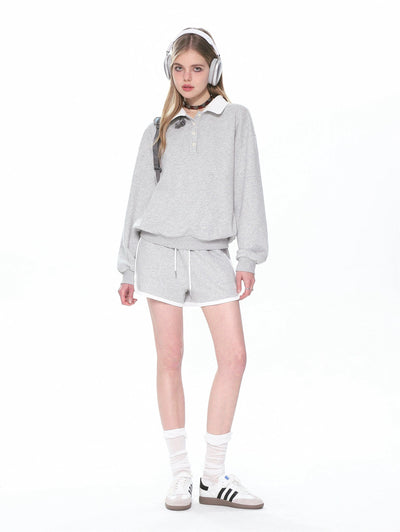 Shi Contrast Color Lapel Polo & Drawstring Shorts Set-korean-fashion-Clothing Set-Shi's Closet-OH Garments