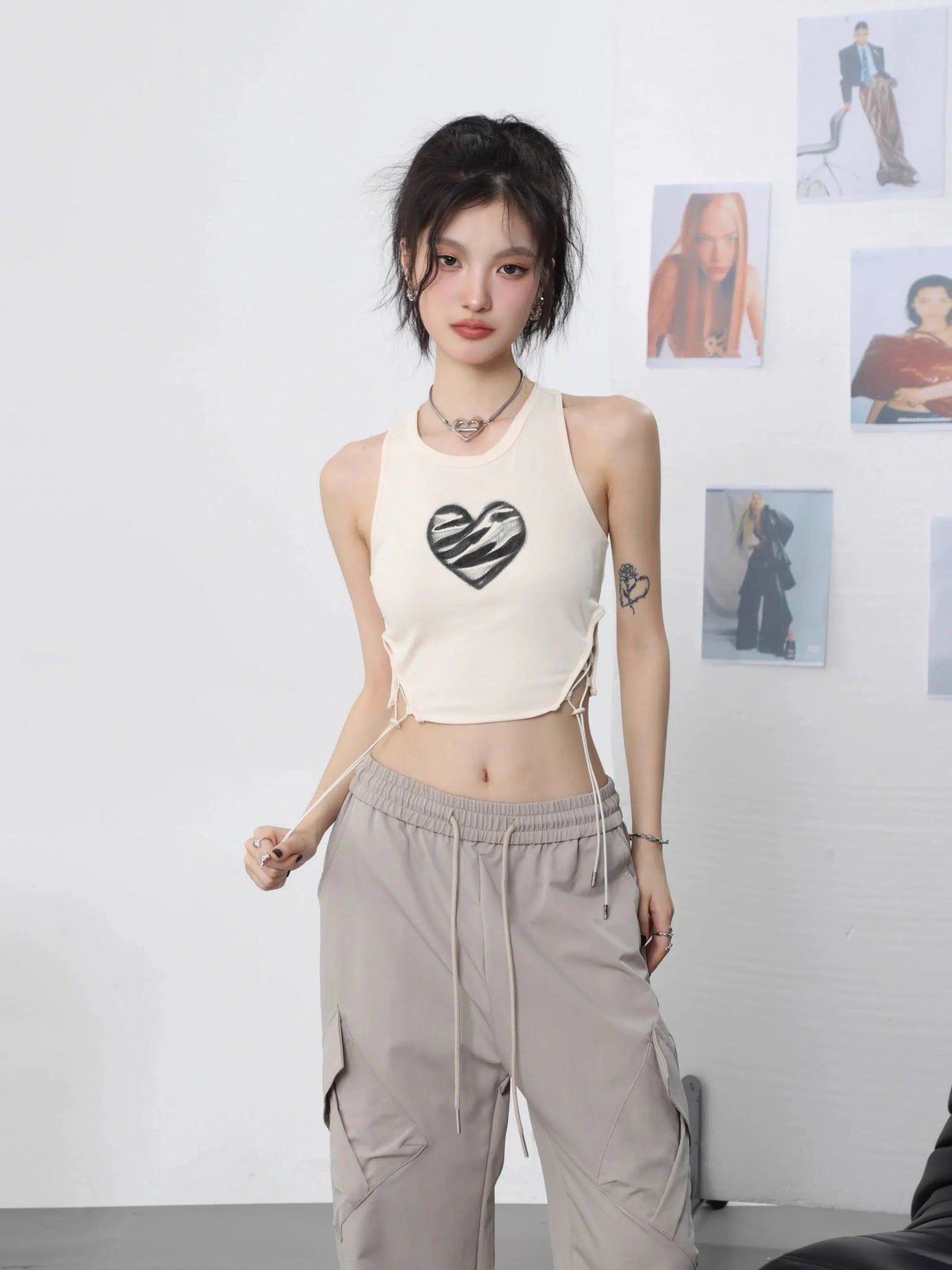 Shi Lace-Up Heart Graphic Vest-korean-fashion-Vest-Shi's Closet-OH Garments