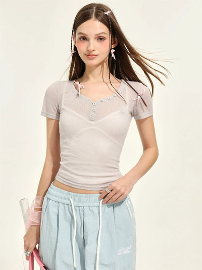 Shi Plain Henry V-Neck T-Shirt-korean-fashion-T-Shirt-Shi's Closet-OH Garments