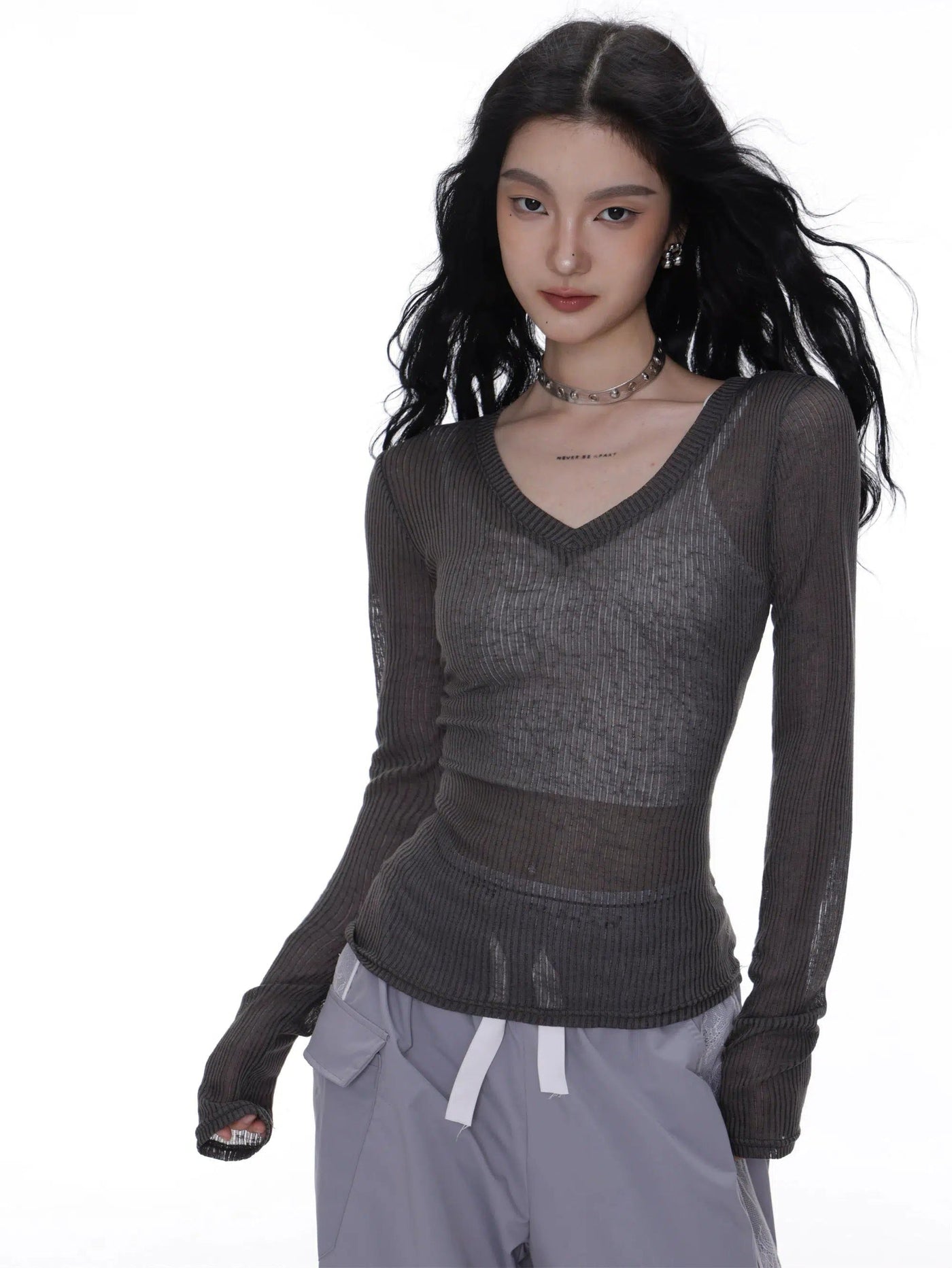 Shi Slim Fit V-Neck Long Sleeve Blouse-korean-fashion-Blouse-Shi's Closet-OH Garments