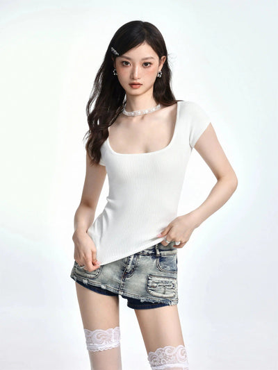 Shi Square Collar Knit Short Sleeve T-Shirt-korean-fashion-T-Shirt-Shi's Closet-OH Garments