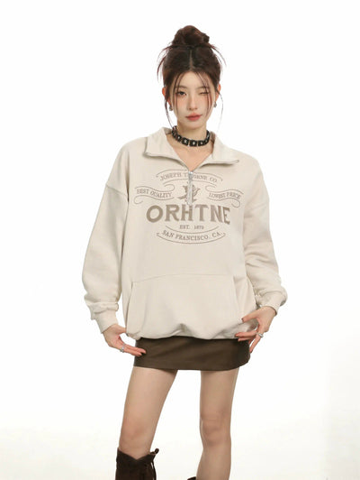 Shi Text Print Casual Half-Zip-korean-fashion-Half-Zip-Shi's Closet-OH Garments