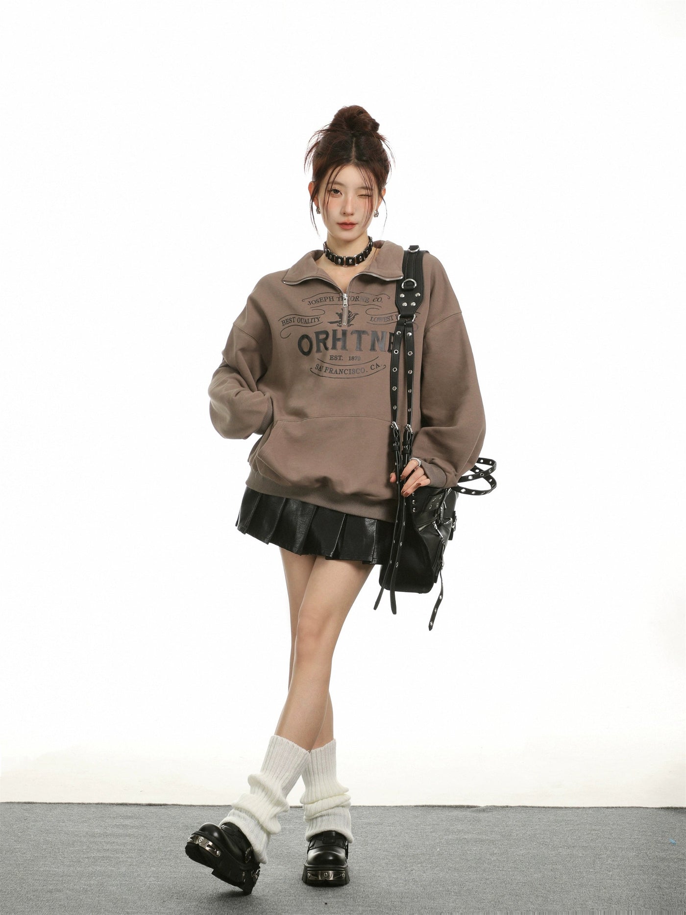 Shi Text Print Casual Half-Zip-korean-fashion-Half-Zip-Shi's Closet-OH Garments