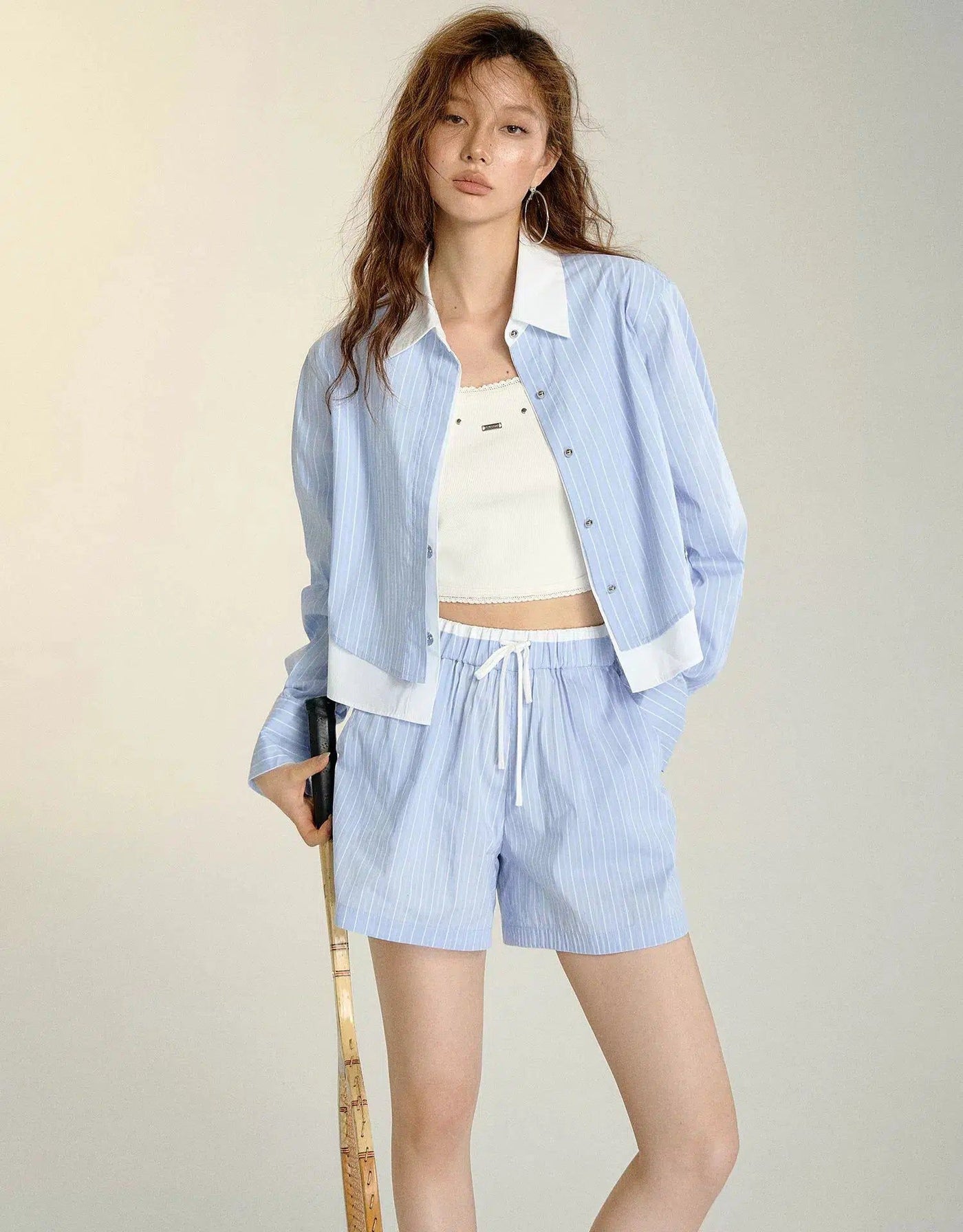 Soso Striped Layered Shirt & Shorts Set-korean-fashion-Clothing Set-Soso's Closet-OH Garments