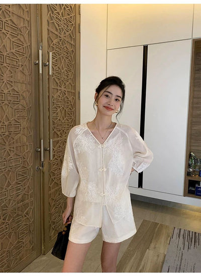 Sue Asian Pattern Stitch Blouse & Shorts & Dress Set-korean-fashion-Clothing Set-Sue's Closet-OH Garments