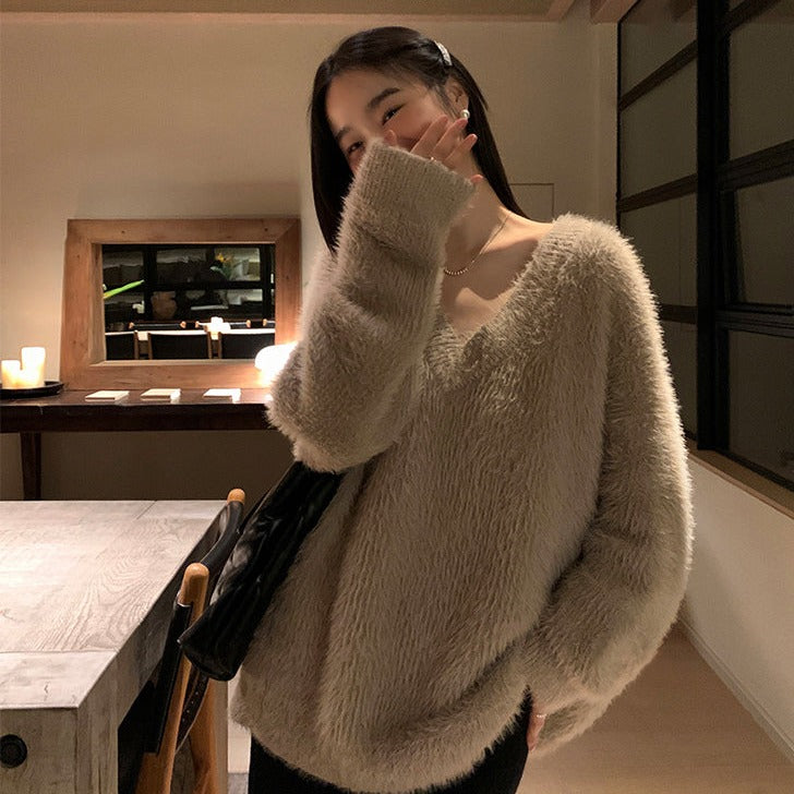 Sue Comfty Fit Casual Fuzzy Sweater-korean-fashion-Sweater-Sue's Closet-OH Garments