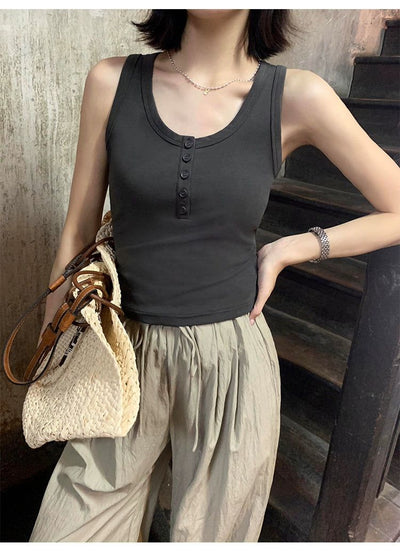 Sue Five-Buttons Knitted U-Neck Tank Top-korean-fashion-Camisole-Sue's Closet-OH Garments