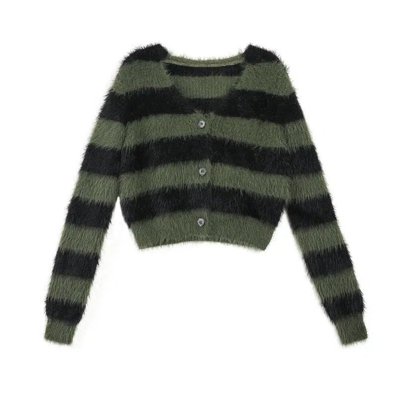 Sue Furry Striped V-Neck Cropped Cardigan-korean-fashion-Cardigan-Sue's Closet-OH Garments