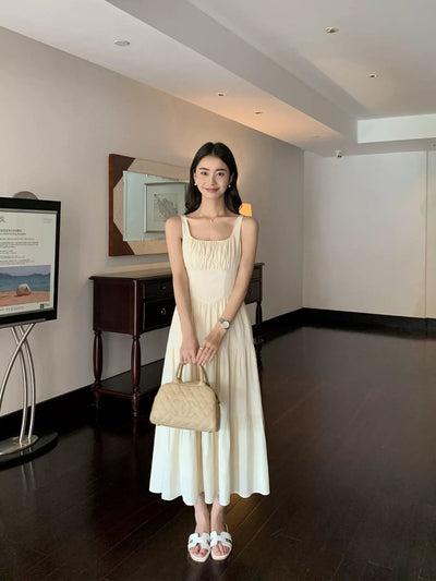 Sue Plain Square Neck Pleated Dress-korean-fashion-Dress-Sue's Closet-OH Garments
