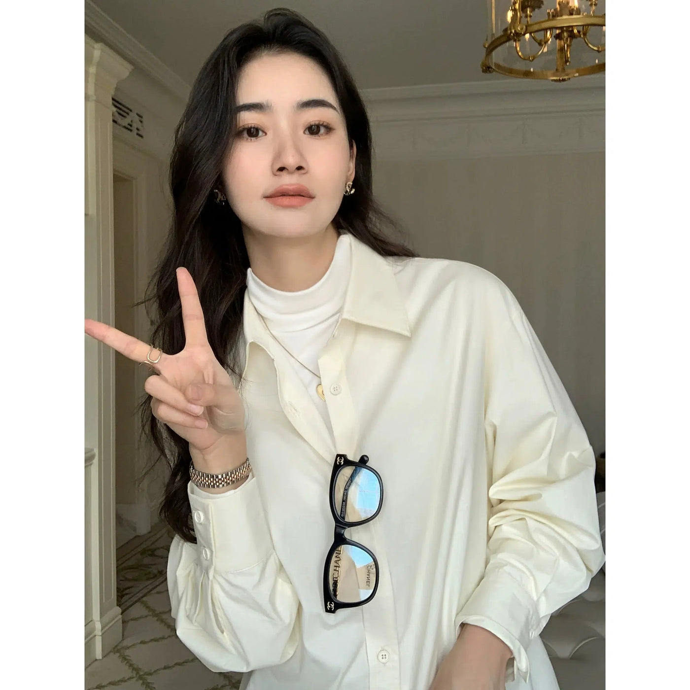 Sue Solid Button Front Long Sleeve Shirt-korean-fashion-Shirt-Sue's Closet-OH Garments