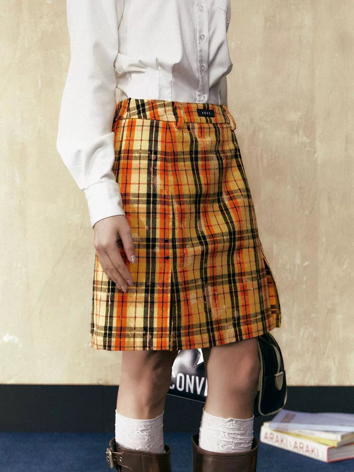 Tom Bleach Wash Slit Plaid Skirt-korean-fashion-Skirt-Tom's Closet-OH Garments