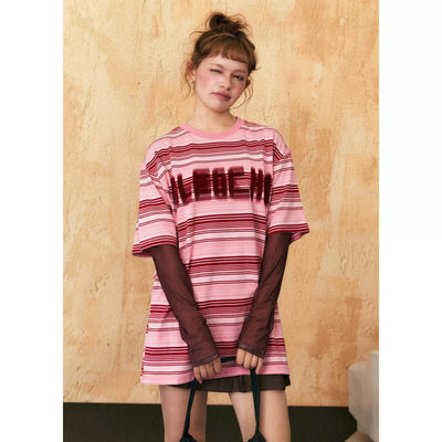 Tom Blurry Letters Striped T-Shirt-korean-fashion-T-Shirt-Tom's Closet-OH Garments