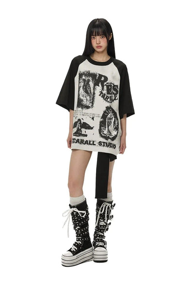 Tom B&W Graffiti Contrast T-Shirt-korean-fashion-T-Shirt-Tom's Closet-OH Garments