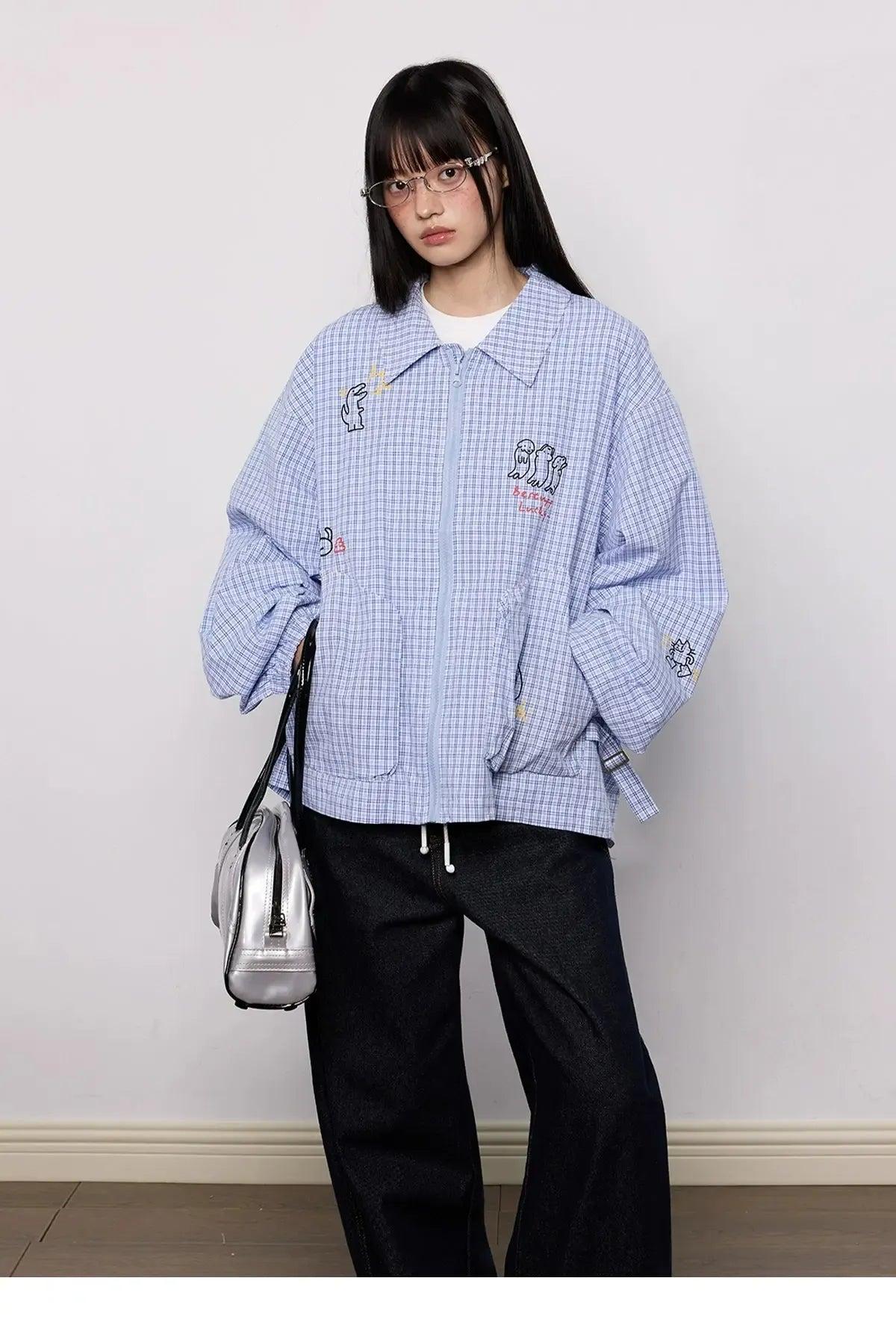 Tom Cartoon Print Zipper Plaid Shirt-korean-fashion-Shirt-Tom's Closet-OH Garments