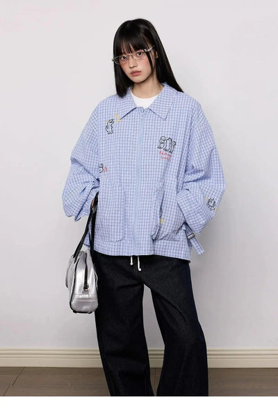 Tom Cartoon Print Zipper Plaid Shirt-korean-fashion-Shirt-Tom's Closet-OH Garments
