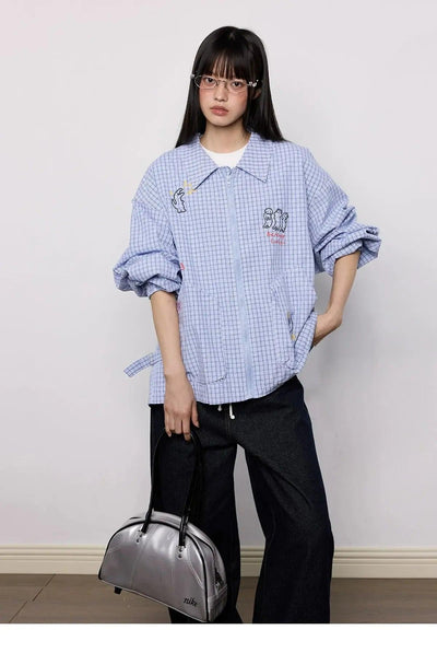 Tom Cartoon Print Zipper Plaid Shirt-korean-fashion-Shirt-Tom's Closet-OH Garments