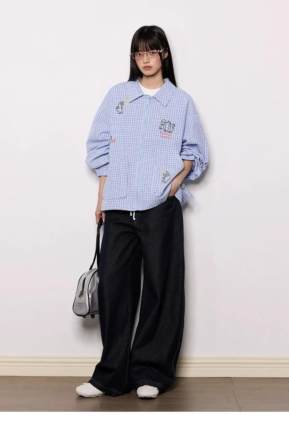 Tom Cartoon Print Zipper Plaid Shirt-korean-fashion-Shirt-Tom's Closet-OH Garments