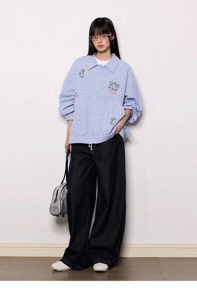 Tom Cartoon Print Zipper Plaid Shirt-korean-fashion-Shirt-Tom's Closet-OH Garments