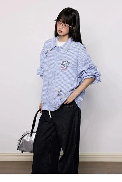 Tom Cartoon Print Zipper Plaid Shirt-korean-fashion-Shirt-Tom's Closet-OH Garments