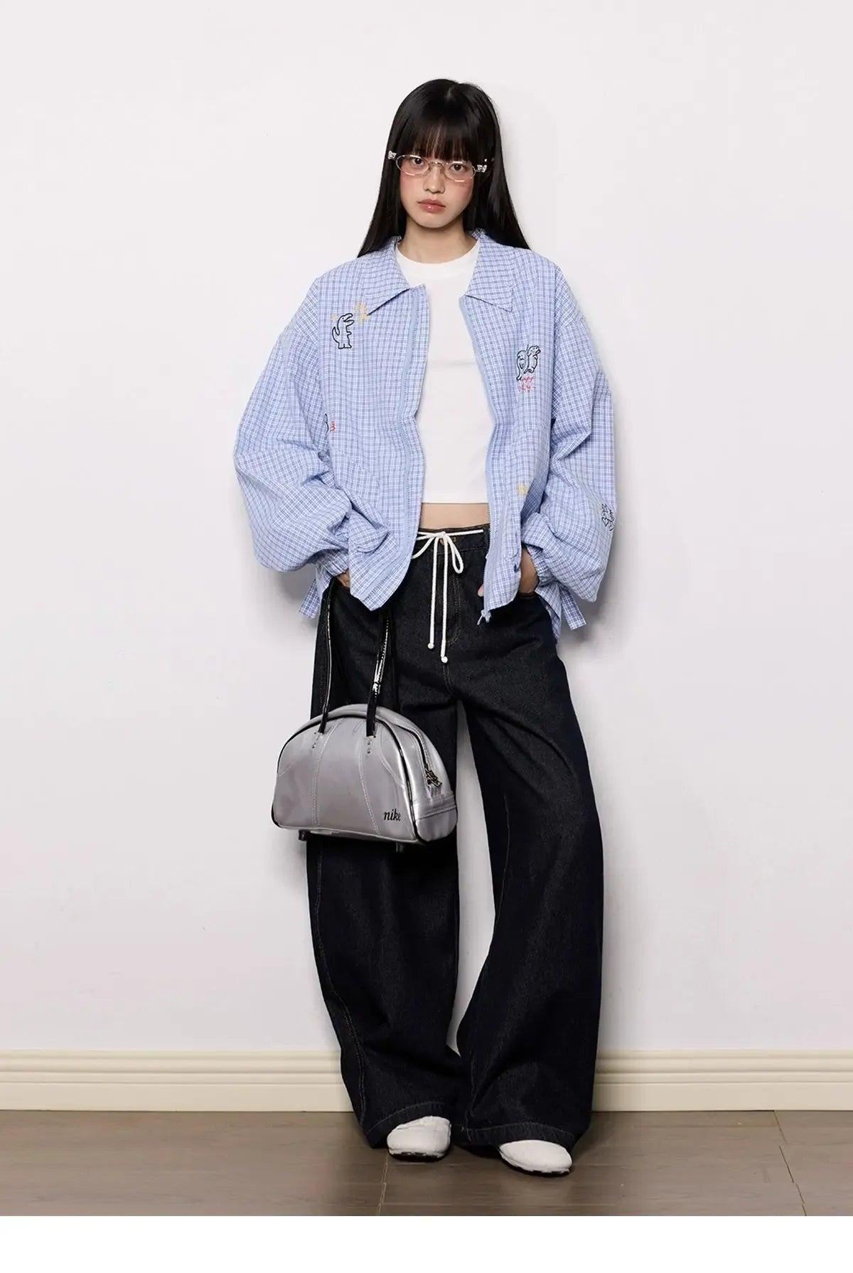Tom Cartoon Print Zipper Plaid Shirt-korean-fashion-Shirt-Tom's Closet-OH Garments
