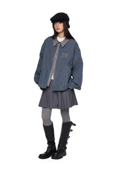 Tom Chic Plaid Spliced Denim Jacket-korean-fashion-Jacket-Tom's Closet-OH Garments
